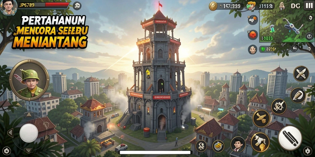 Tampilan gameplay seru di JP6789 dengan desain menara yang menarik.