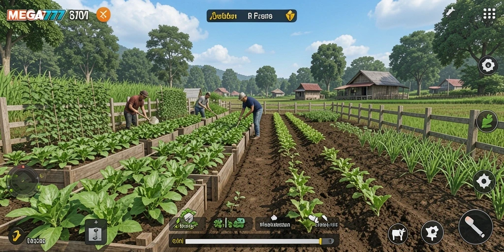 Tangkapan layar MEGA777 menampilkan kebun yang indah dan aktivitas berkebun.