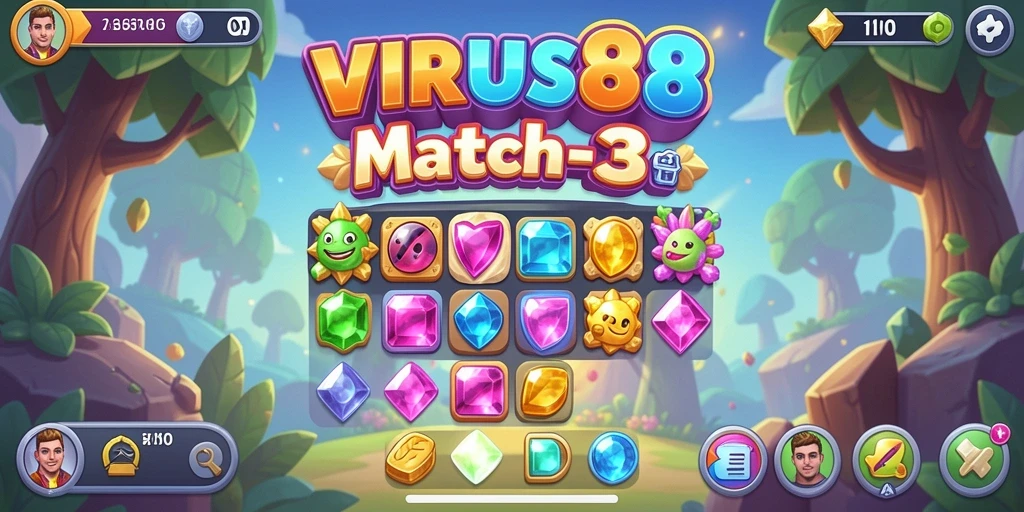 Tampilan screenshot gameplay <strong>VIRUS88</strong> yang menampilkan kombinasi warna cerah dan efek pencocokan.